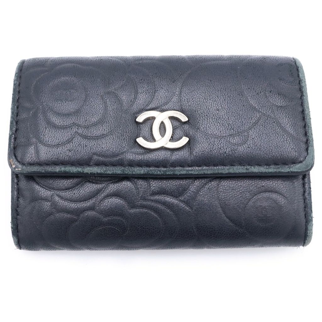 Chanel Lambskin Camellia Coin Card Case Black