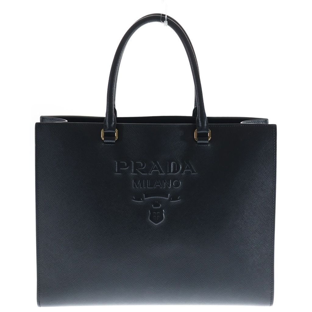 Prada Saffiano Tote Shoulder Bag Black Leather Gold