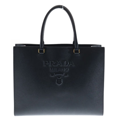 Prada Saffiano Tote Shoulder Bag Black Leather Gold