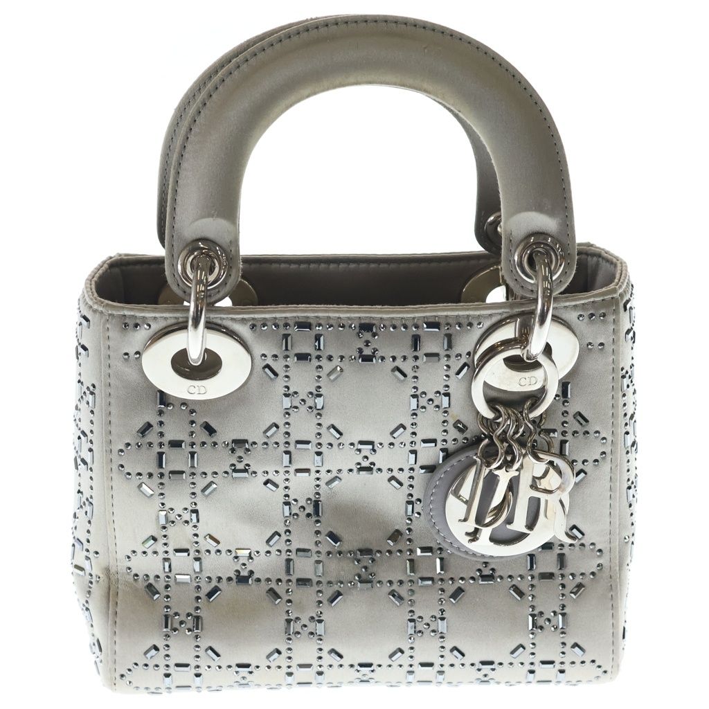 Dior Lady Cannage Rhinestone 2-Way Shoulder Bag Gray Satin Silver