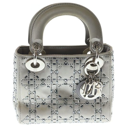 Dior Lady Cannage Rhinestone 2-Way Shoulder Bag Gray Satin Silver