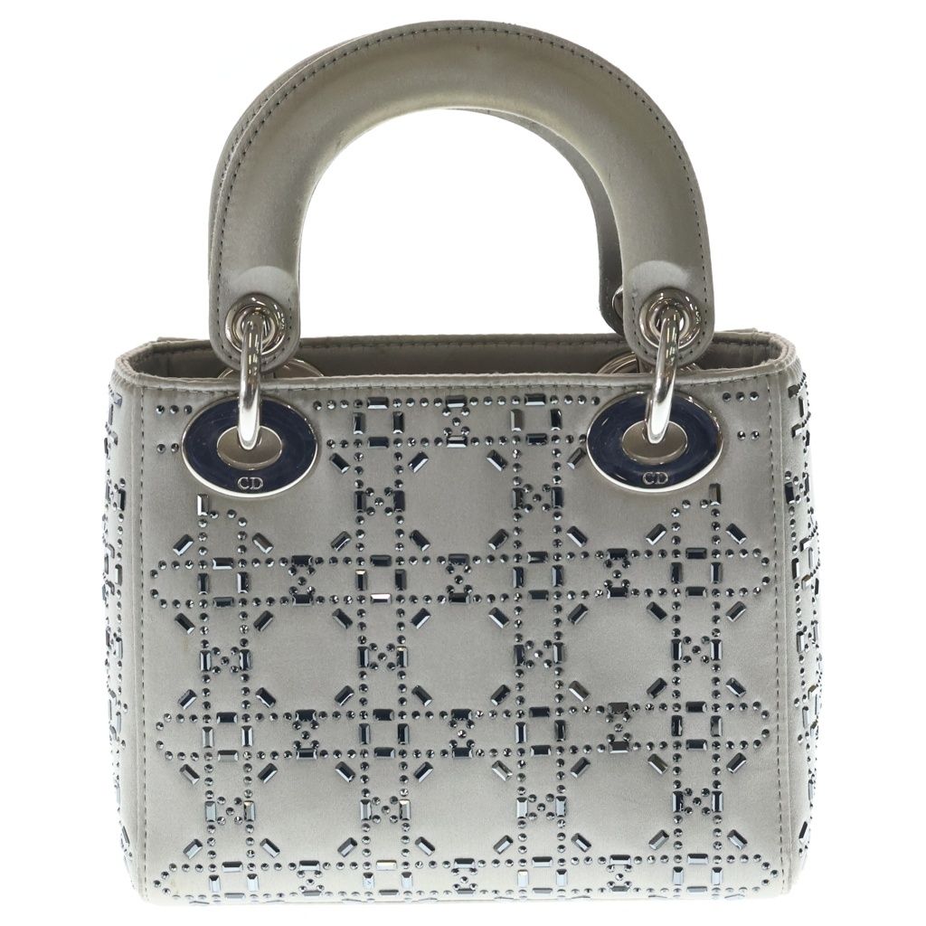 Dior Lady Cannage Rhinestone 2-Way Shoulder Bag Gray Satin Silver — view 2