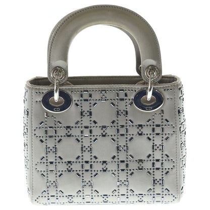 Dior Lady Cannage Rhinestone 2-Way Shoulder Bag Gray Satin Silver — view 2