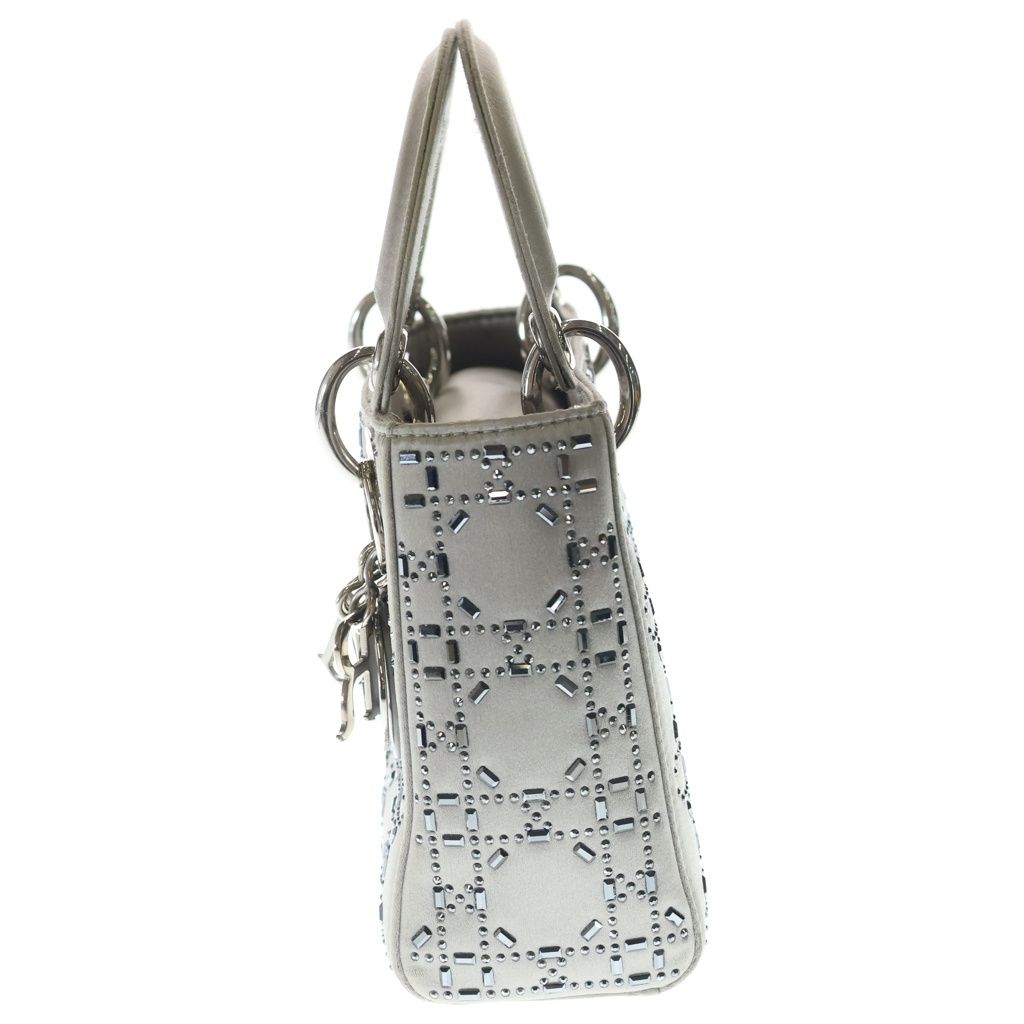 Dior Lady Cannage Rhinestone 2-Way Shoulder Bag Gray Satin Silver — view 3