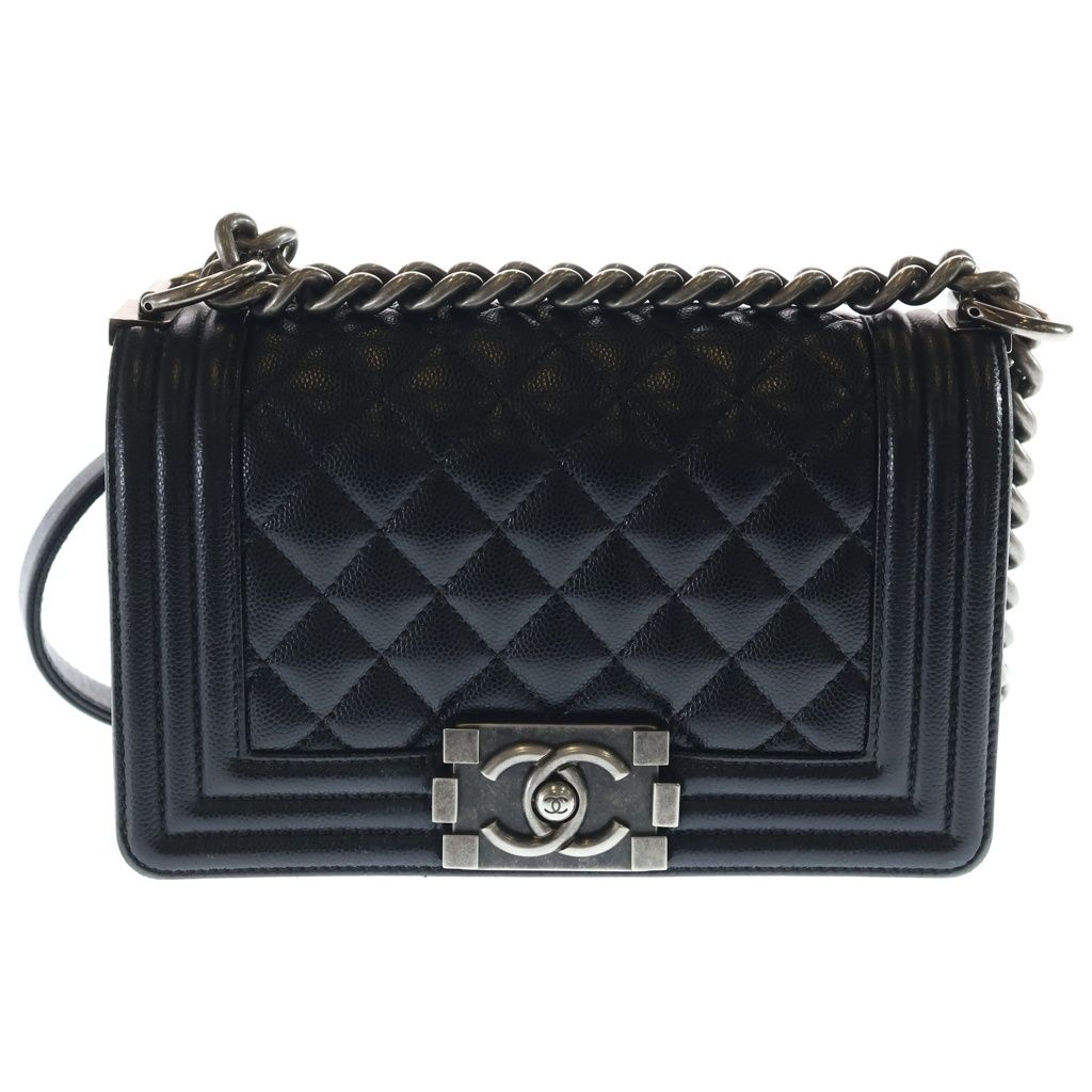 Chanel Chain Mini Shoulder Bag Black Caviar Leather Silver