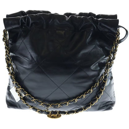Chanel 22 Small CC Logo Shiny Calfskin Pouch Leather Chain Shoulder Bag Black — view 2