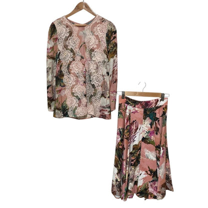 Dolce & Gabbana Flower Print Lace Blouse Flare Skirt Set 36 Pink