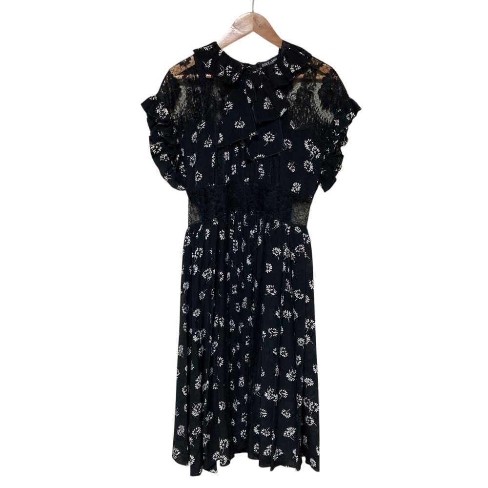 Dolce & Gabbana Flower Print Lace Contrast Fri Roulis Bon Dress 36 Black