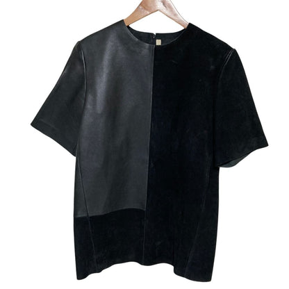 Celine Phoebe Philo Era Cow Leather Nubuck Contrast Blouse 34 Black