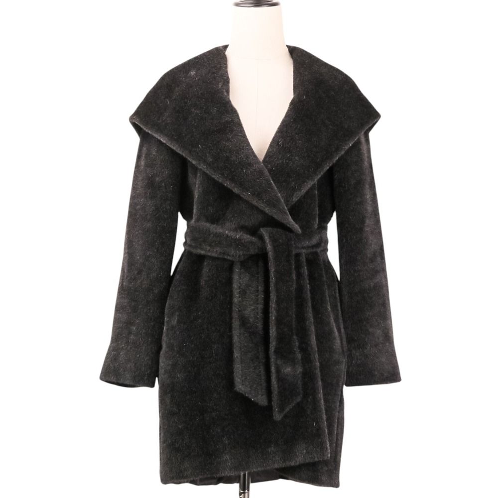 Max Mara Alpaca Shaggy Hoodie Belted Coat Gown 38 Black