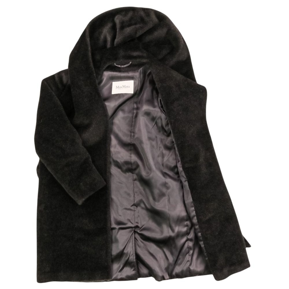 Max Mara Alpaca Shaggy Hoodie Belted Coat Gown 38 Black — view 6