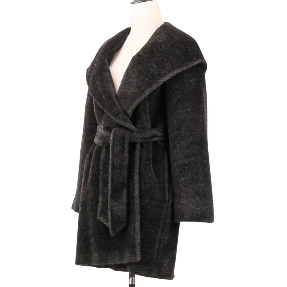 Max Mara Alpaca Shaggy Hoodie Belted Coat Gown 38 Black — view 2