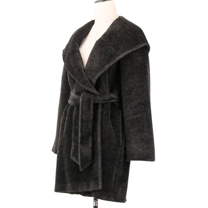 Max Mara Alpaca Shaggy Hoodie Belted Coat Gown 38 Black — view 2