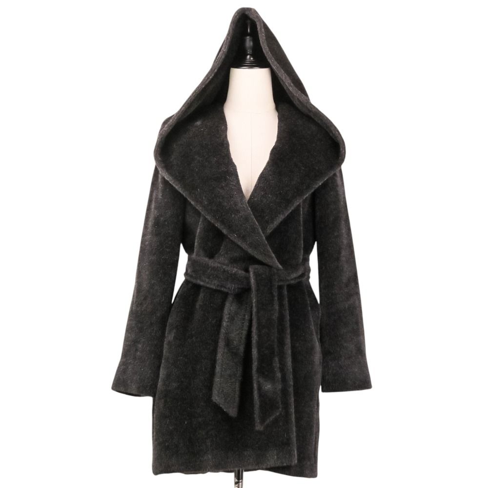 Max Mara Alpaca Shaggy Hoodie Belted Coat Gown 38 Black — view 5