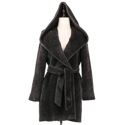Max Mara Alpaca Shaggy Hoodie Belted Coat Gown 38 Black — view 5