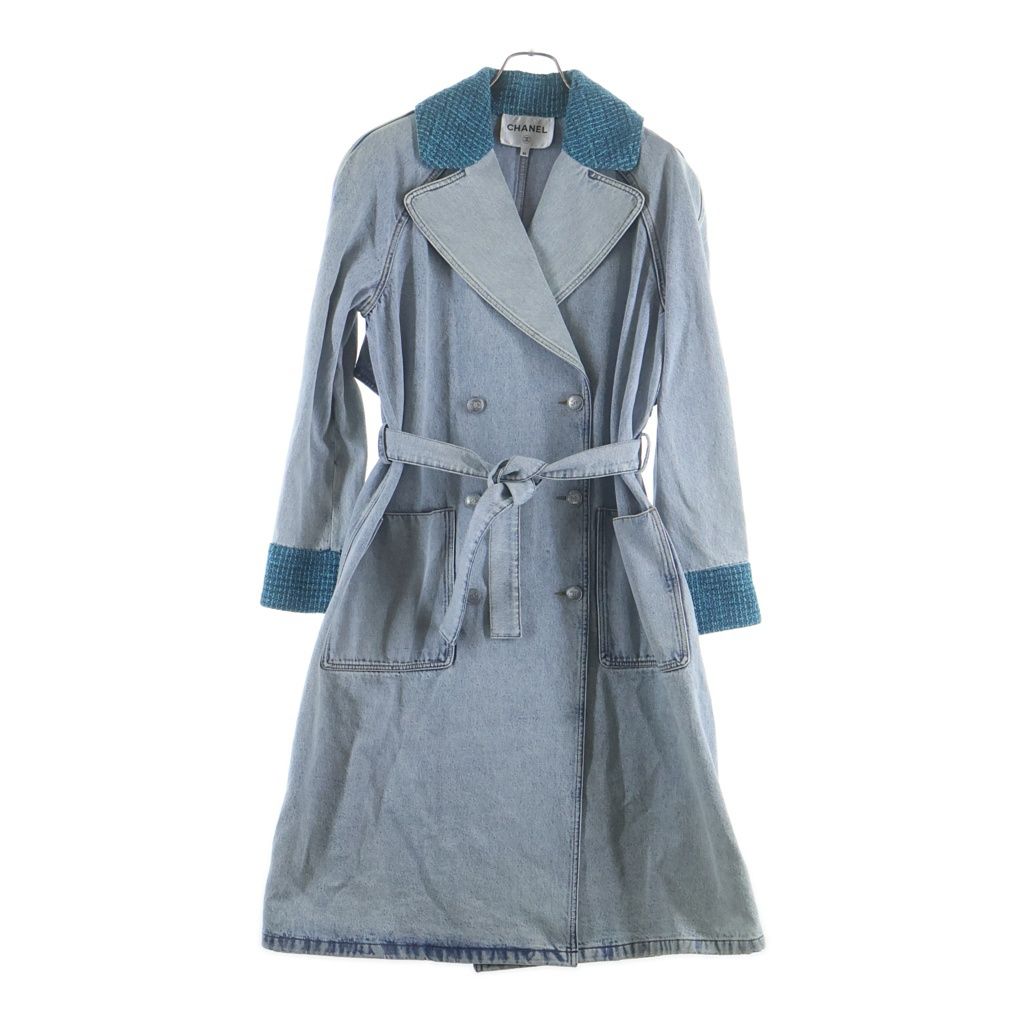 Chanel CC Logo Button Tweed Cut Replacement Washed Denim Trench Long Coat Indigo