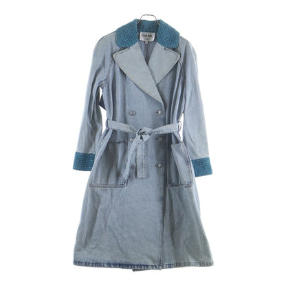 Chanel CC Logo Button Tweed Cut Replacement Washed Denim Trench Long Coat Indigo