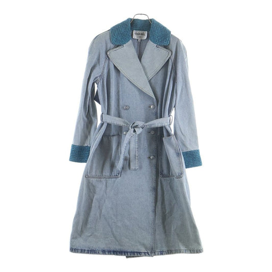 Chanel CC Logo Button Tweed Cut Replacement Washed Denim Trench Long Coat Indigo