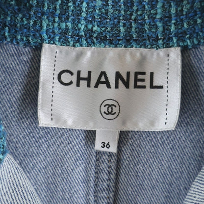 Chanel CC Logo Button Tweed Cut Replacement Washed Denim Trench Long Coat Indigo — view 7