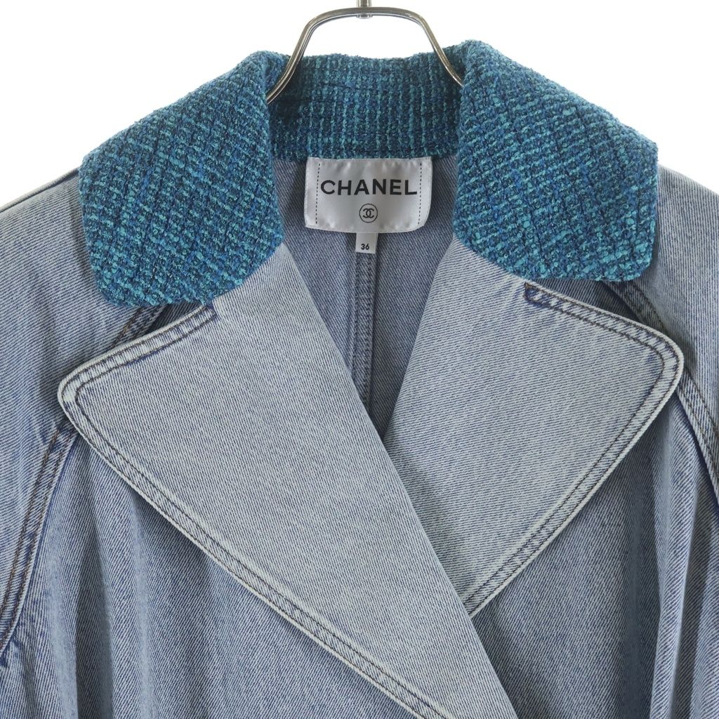 Chanel CC Logo Button Tweed Cut Replacement Washed Denim Trench Long Coat Indigo — view 3