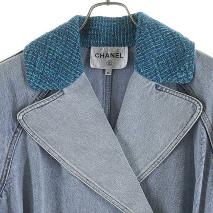 Chanel CC Logo Button Tweed Cut Replacement Washed Denim Trench Long Coat Indigo — view 3