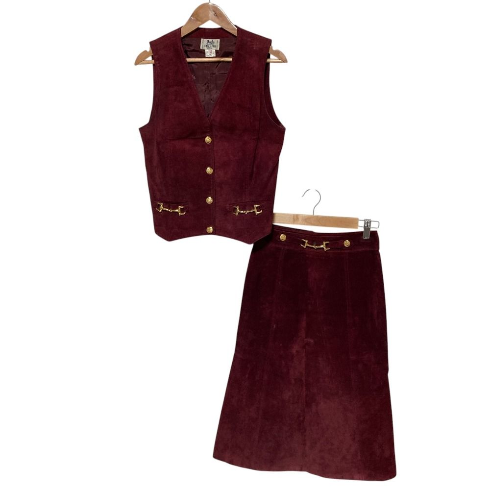 Celine Vintage Carriage Button Horsebit Suede Leather Gilet Vest Skirt Set 40