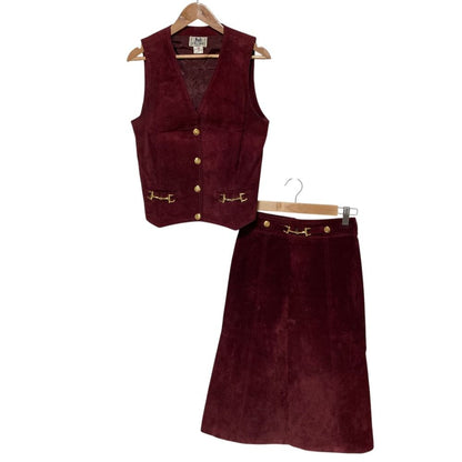 Celine Vintage Carriage Button Horsebit Suede Leather Gilet Vest Skirt Set 40
