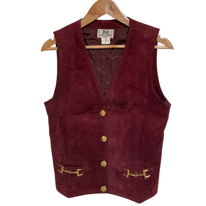 Celine Vintage Carriage Button Horsebit Suede Leather Gilet Vest Skirt Set 40 — view 2