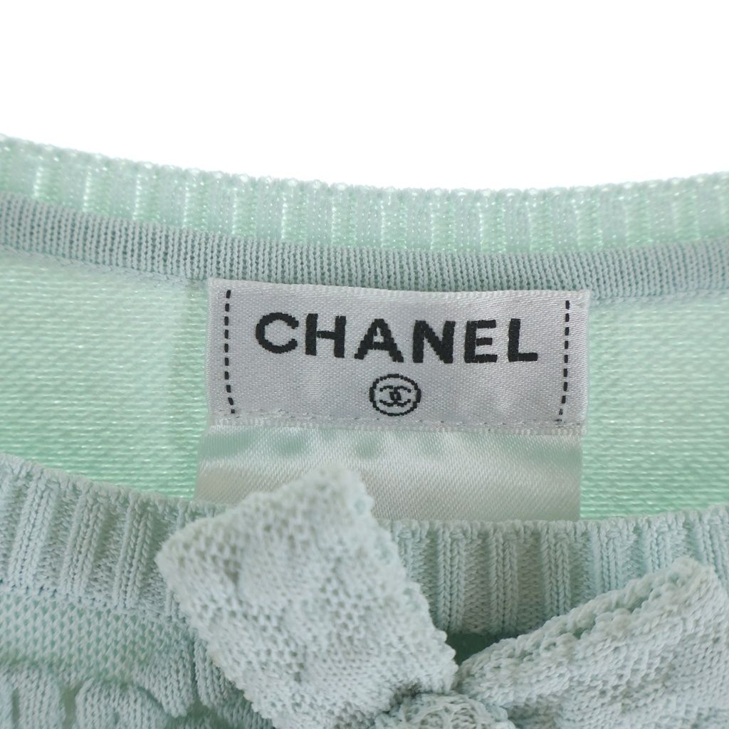 Chanel Versailles Ribbon Decoration Rayon Knit Sleeveless Top Light Blue Sweater — view 6