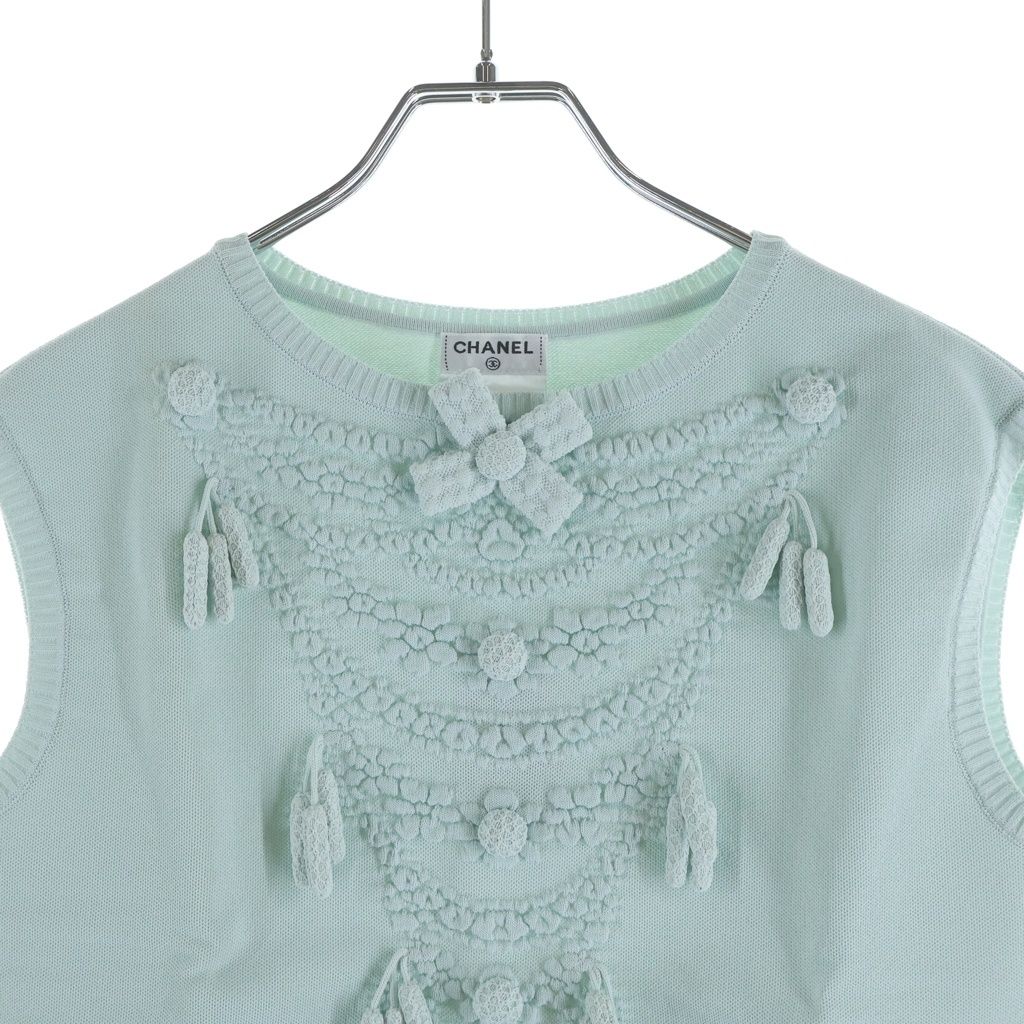 Chanel Versailles Ribbon Decoration Rayon Knit Sleeveless Top Light Blue Sweater — view 3