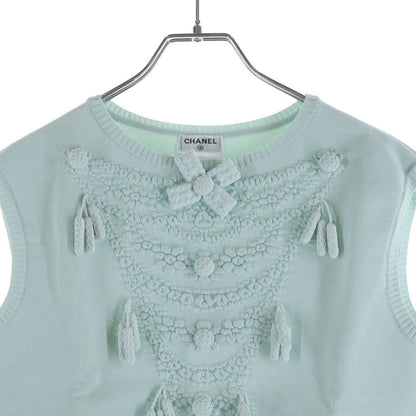 Chanel Versailles Ribbon Decoration Rayon Knit Sleeveless Top Light Blue Sweater — view 3