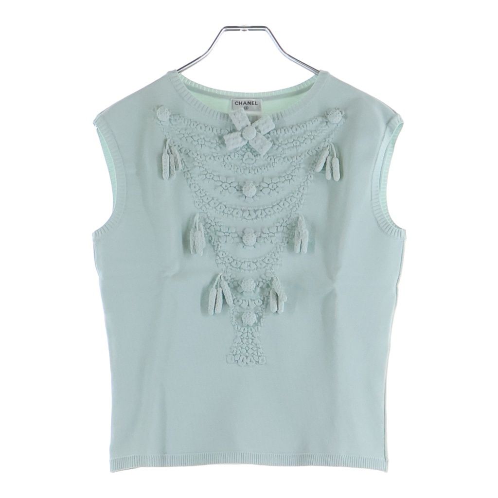 Chanel Versailles Ribbon Decoration Rayon Knit Sleeveless Top Light Blue Sweater