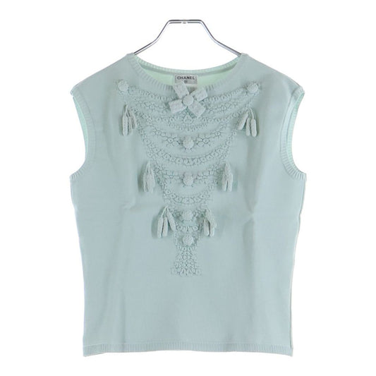 Chanel Versailles Ribbon Decoration Rayon Knit Sleeveless Top Light Blue Sweater