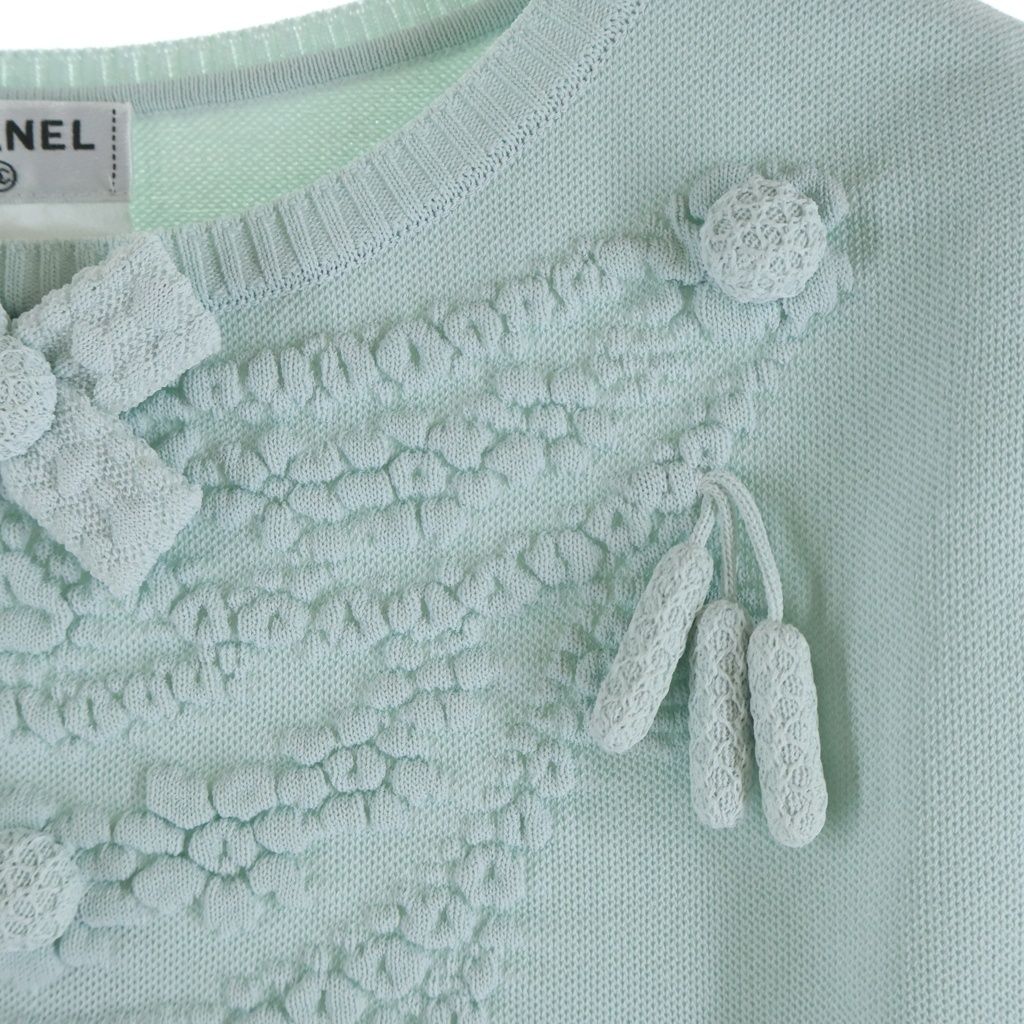 Chanel Versailles Ribbon Decoration Rayon Knit Sleeveless Top Light Blue Sweater — view 4