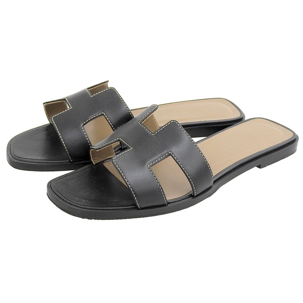 Hermes Oran Flat Sandals Shoes Black 36.5