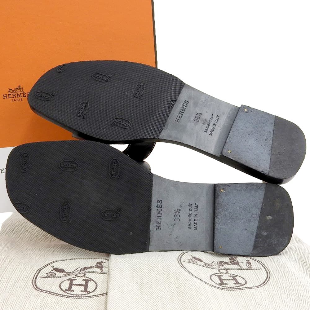 Hermes Oran Flat Sandals Shoes Black 36.5 — view 2