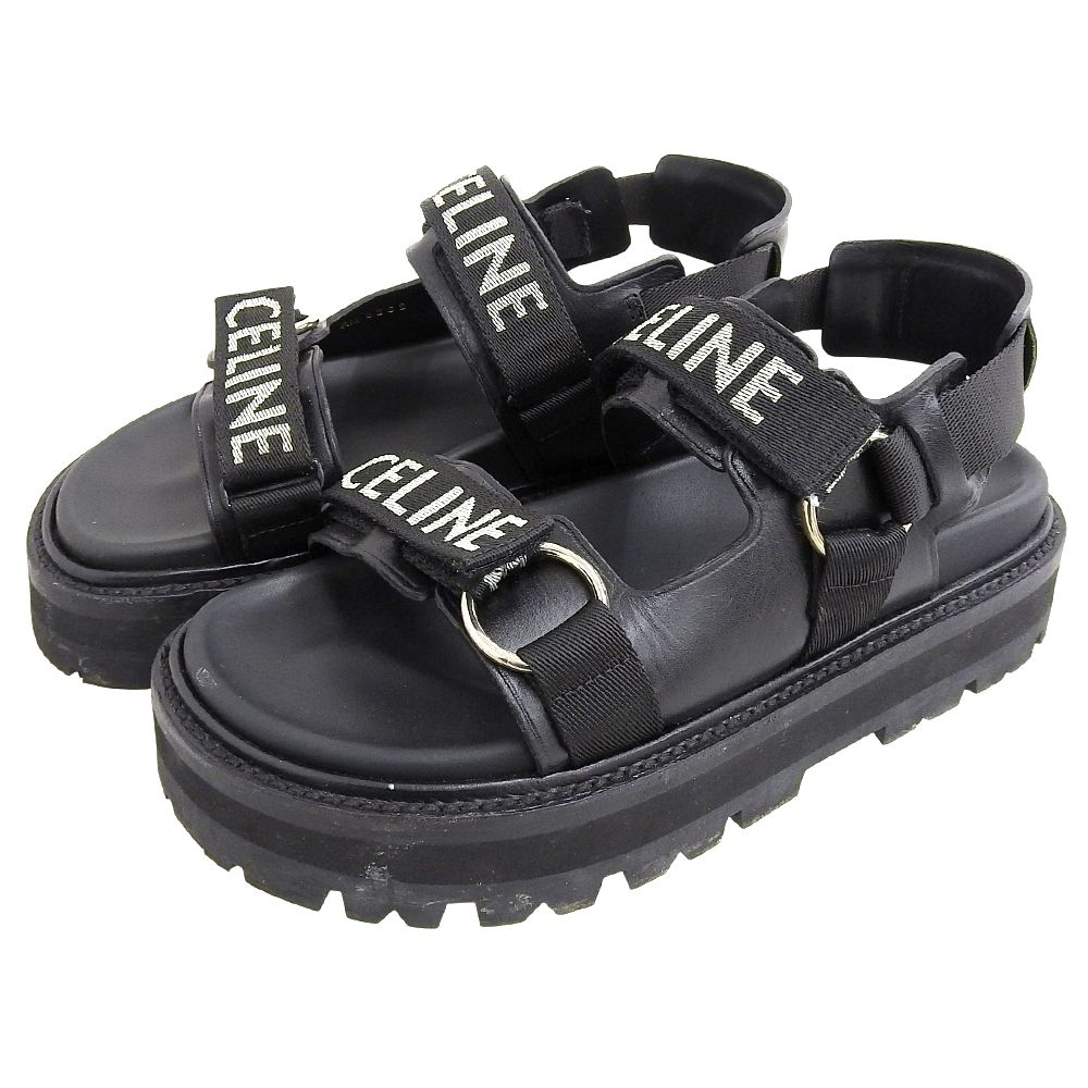 Celine Leather Fabric Sandals Bulky Shoes Black 38.5