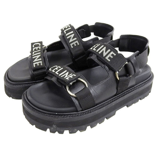 Celine Leather Fabric Sandals Bulky Shoes Black 38.5