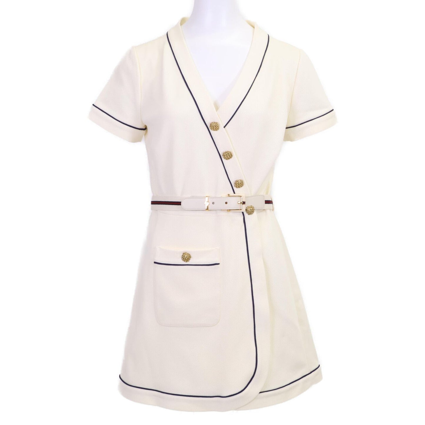 Gucci White Blue Trim Jersey Dress Gold Button Wrap