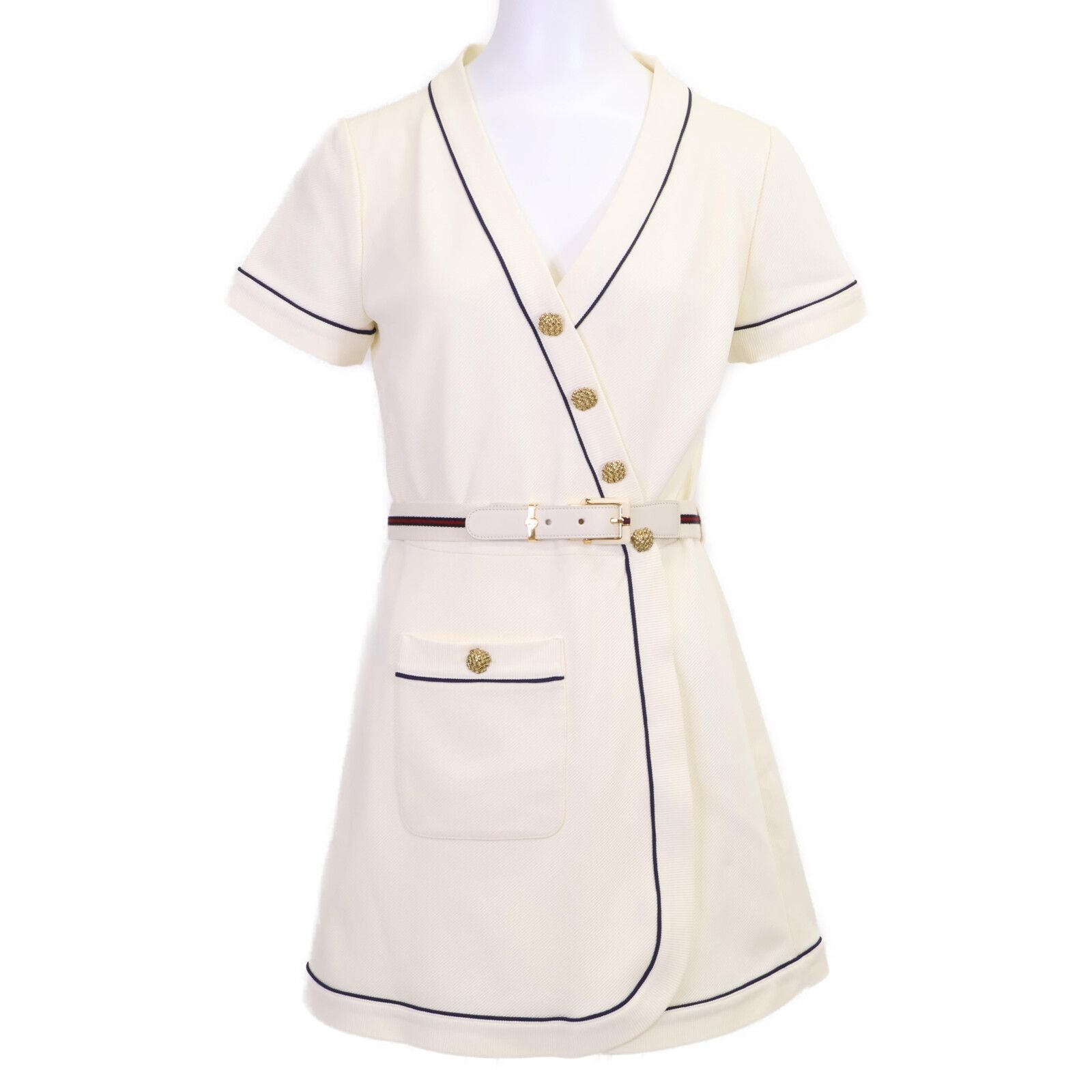 Gucci White Blue Trim Jersey Dress Gold Button Wrap