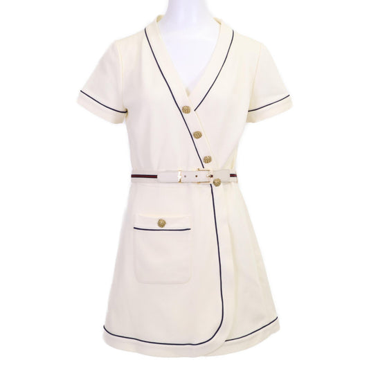 Gucci White Blue Trim Jersey Dress Gold Button Wrap