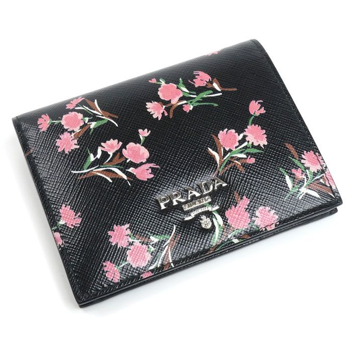 Prada Saffiano Flower Bouquet Bifold Wallet Black