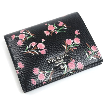 Prada Saffiano Flower Bouquet Bifold Wallet Black