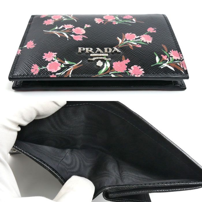 Prada Saffiano Flower Bouquet Bifold Wallet Black — view 4