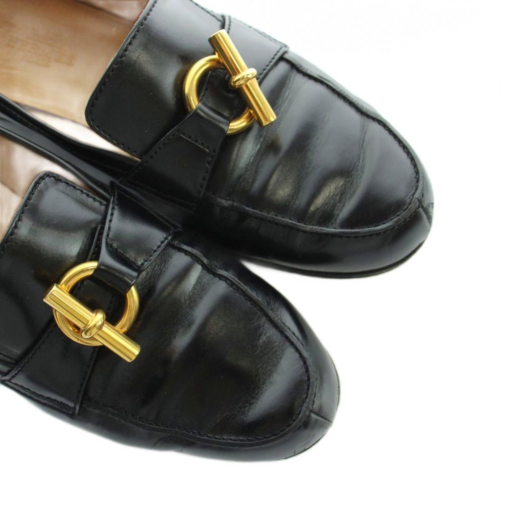 Hermes Chaine D'ancre Loafers Moccasins Leather Logo Gold 36.5 Black — view 3