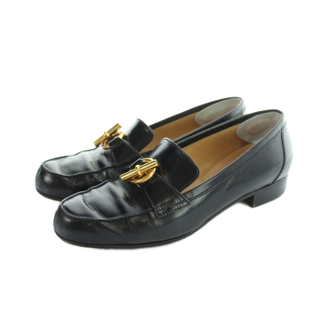 Hermes Chaine D'ancre Loafers Moccasins Leather Logo Gold 36.5 Black