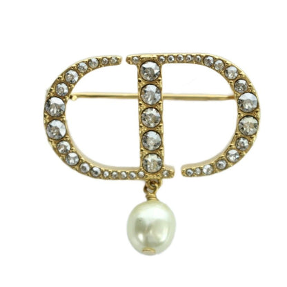 Dior Petit CD Brooch Resin Pearl Rhinestone Gold
