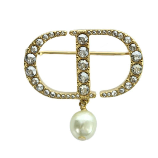 Dior Petit CD Brooch Resin Pearl Rhinestone Gold