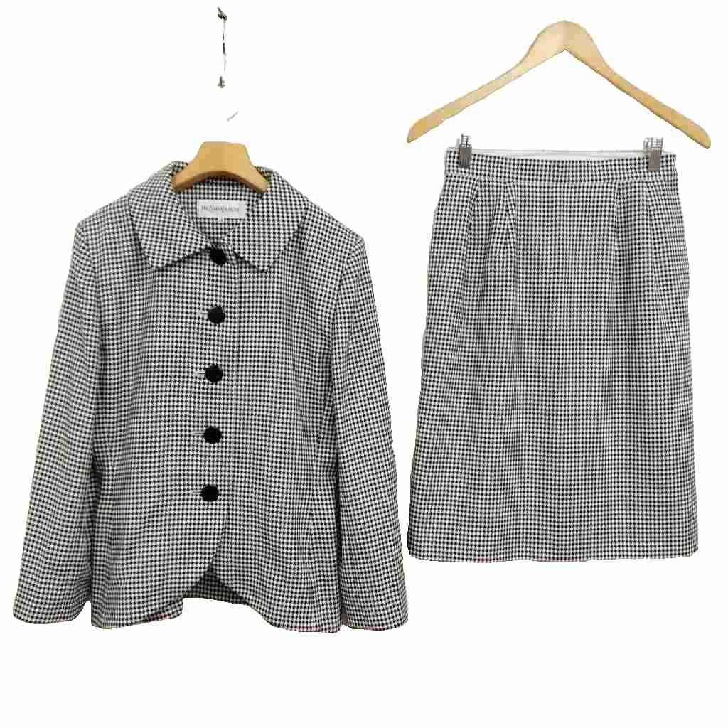 Saint Laurent Yves Vintage Houndstooth Skirt Suit Set 36 Black White
