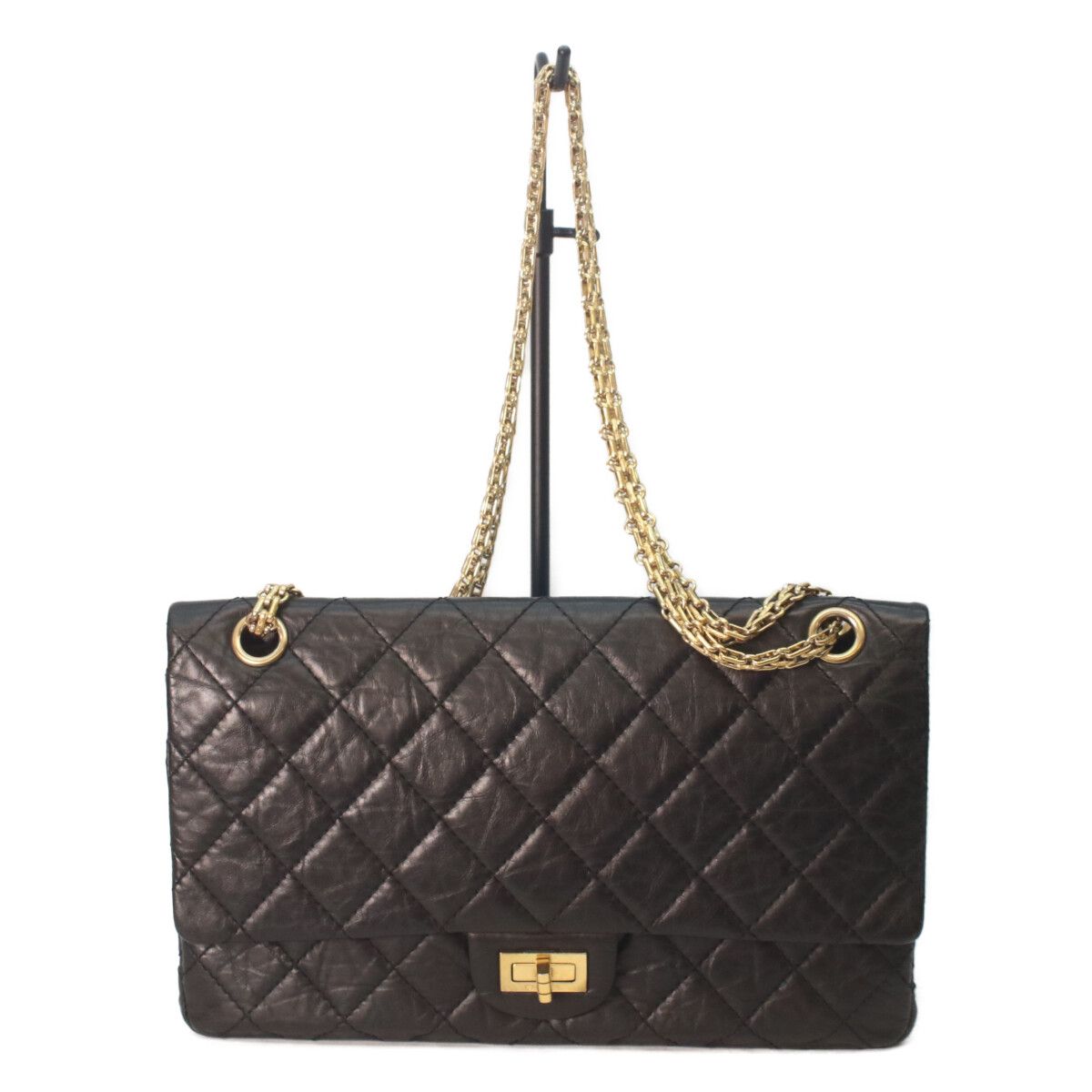 Chanel Black Aged Calfskin 2.55 Quilted 28 Chain Handbag